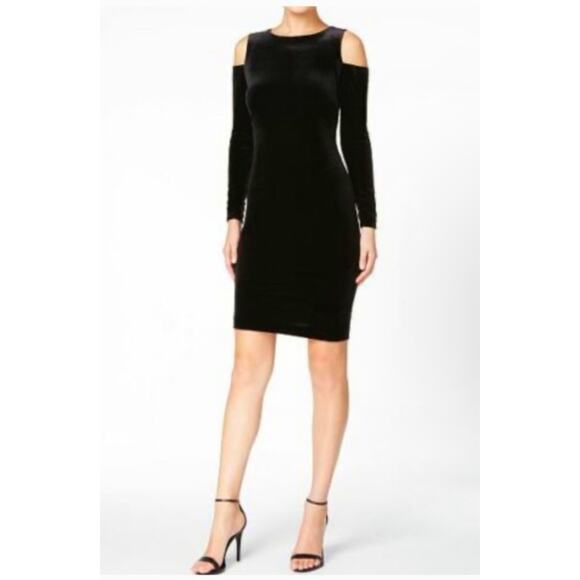 Calvin Klein Dress Womens 6 Black Velvet Cold Shoulder Long Sleeve Sheath Fitted - Picture 1 of 13